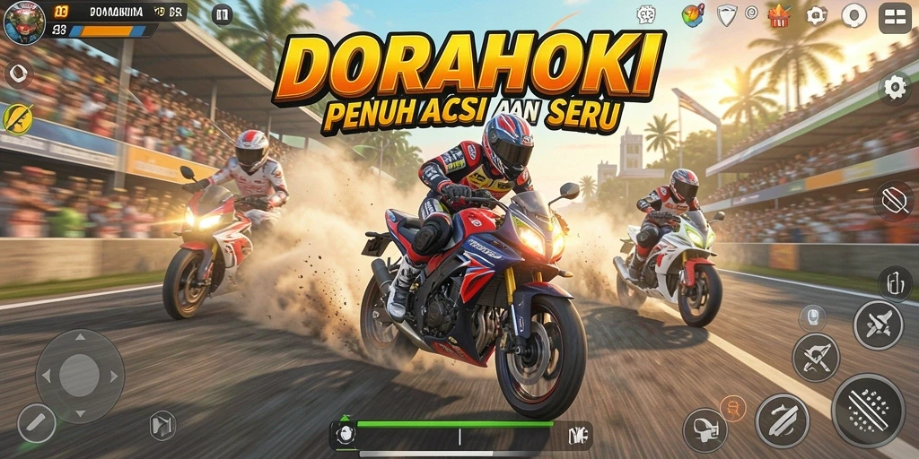 Screenshot <strong>DORAHOKI</strong> menampilkan aksi balap motor yang mendebarkan.