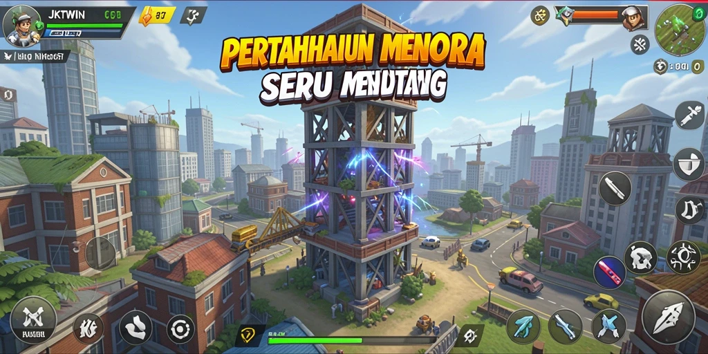 Tangkapan layar menampilkan momen intens dalam gameplay Tower Defense JKTWIN.