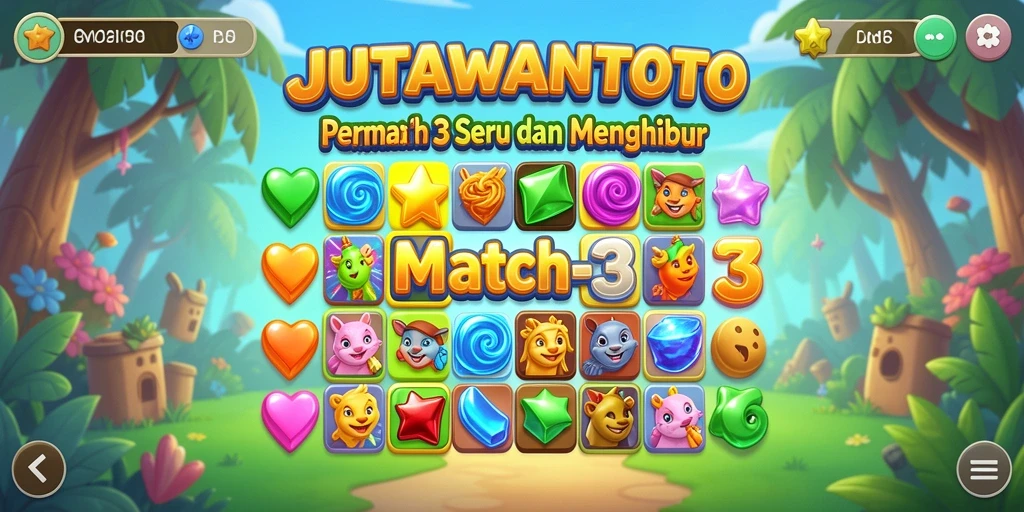 Screenshot JUTAWANTOTO menampilkan permainan Match-3 yang penuh warna dan seru.