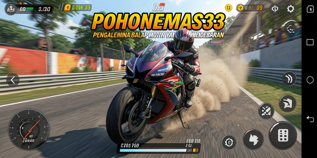 Tampilan screenshot POHONEMAS33 menampilkan balapan motor yang seru dan mendebarkan.