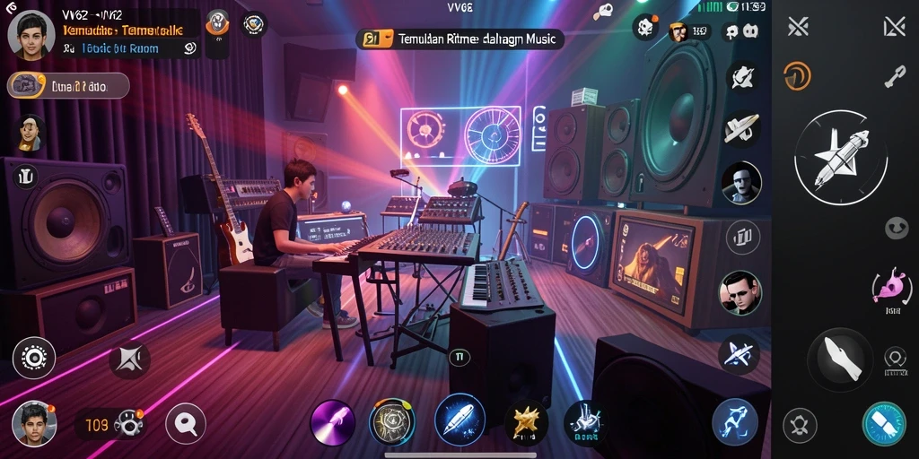 Tampilan gameplay VV62 yang menampilkan interaksi pengguna dengan musik.